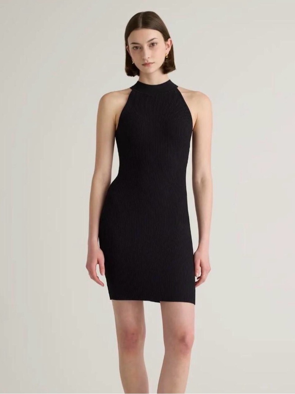 Quince High Neck Ribbed Knit Mini Dress Black S Bodycon Halter Shift LBD    AA25
